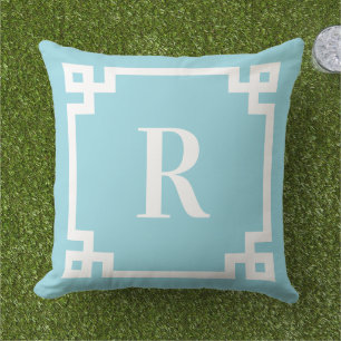 Robin Egg Blue and White Greek Key Border Monogram Outdoor Pillow