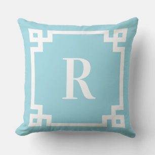 Robin Egg Blue and White Greek Key Border Monogram Outdoor Pillow