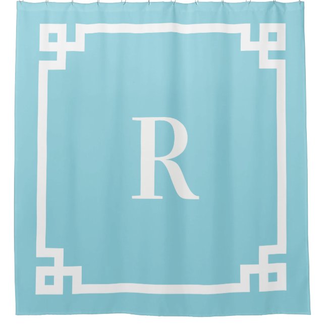 Robin Egg Blue and White Greek Key Simple Monogram (Front)