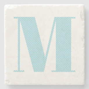 Robin Egg Blue and White Polka Dot Monogram Stone Coaster