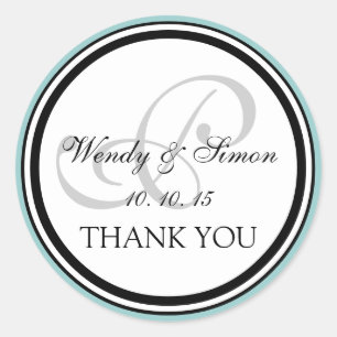 Robin Egg Blue Black Monogram P Wedding Thank You Classic Round Sticker