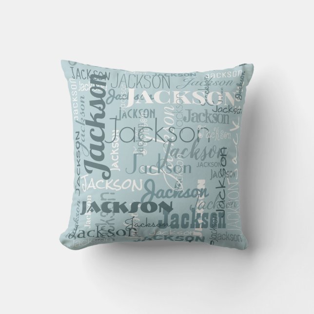 Robin Egg Blue Boy Baby's Names Modern Typography Throw Pillow (Front)