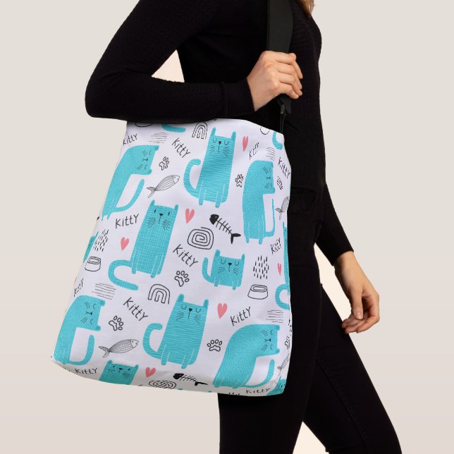 Robin Egg Blue Cute Cat Pattern Crossbody Bag (Close Up)