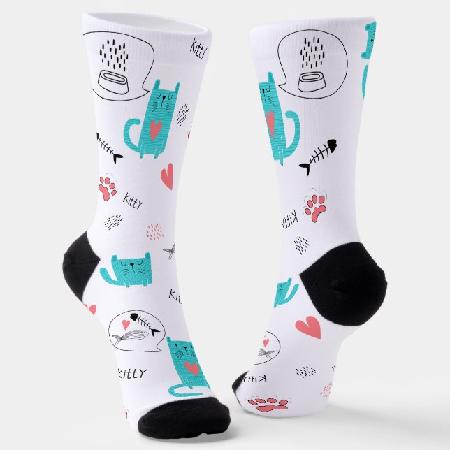 Robin Egg Blue Cute Cat Pattern Socks (Angled)