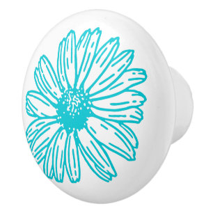 Robin Egg Blue Daisy Print, Hippie Flowers Pattern Ceramic Knob