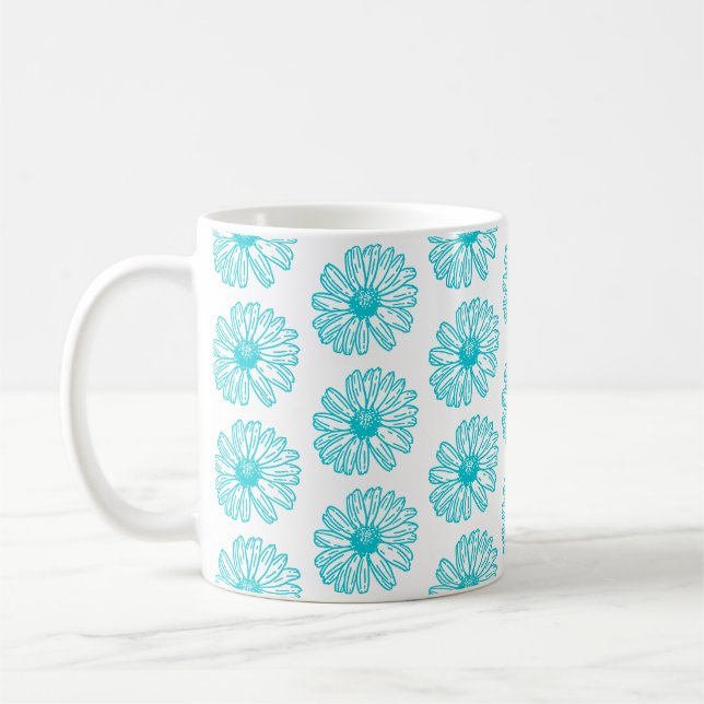 Robin Egg Blue Daisy Print, Hippie Flowers Pattern Coffee Mug (Left)