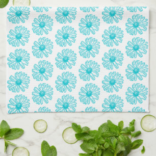 Robin Egg Blue Daisy Print, Hippie Flowers Pattern Kitchen Towel