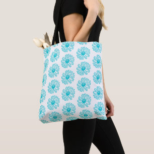 Robin Egg Blue Daisy Print, Hippie Flowers Pattern Tote Bag
