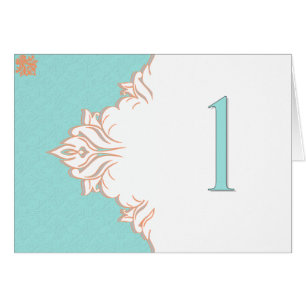 Robin Egg Blue Orange Damask Table Number card 1