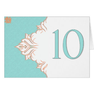 Robin Egg Blue Orange Damask Table Number card 10