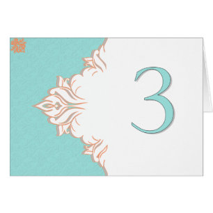 Robin Egg Blue Orange Damask Table Number card 3