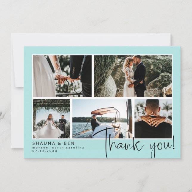 Robin Egg Blue Wedding Photo Collage Thank You (Front)