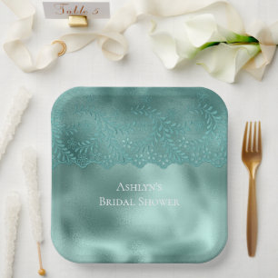 Robin Egg Green Lace Bridal Shower Paper Plate