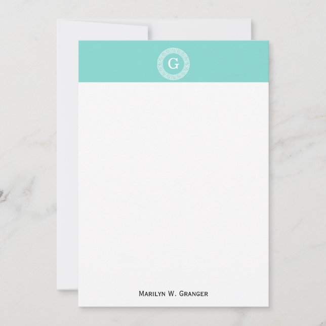 Robin Egg Wht Greek Key Rnd Frame Initial Monogram (Front)