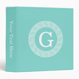 Robin Egg Wht Greek Key Rnd Frame Initial Monogram Binder