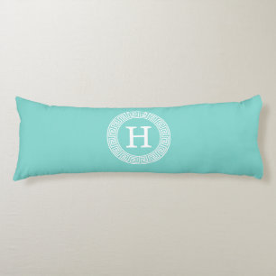 Robin Egg Wht Greek Key Rnd Frame Initial Monogram Body Pillow