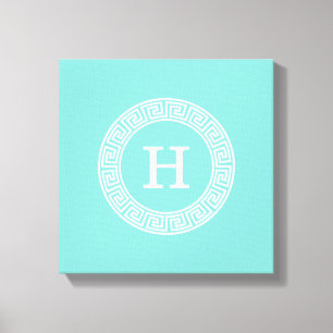 Robin Egg Wht Greek Key Rnd Frame Initial Monogram Canvas Print