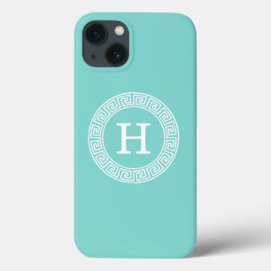 Robin Egg Wht Greek Key Rnd Frame Initial Monogram iPhone 13 Case