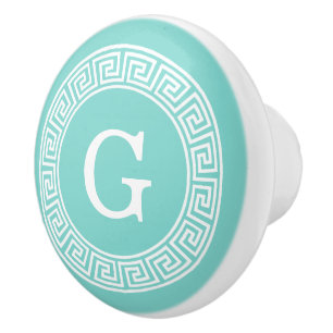 Robin Egg Wht Greek Key Rnd Frame Initial Monogram Ceramic Knob