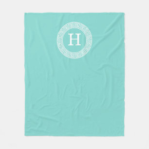 Robin Egg Wht Greek Key Rnd Frame Initial Monogram Fleece Blanket