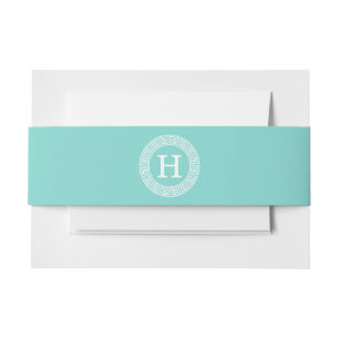 Robin Egg Wht Greek Key Rnd Frame Initial Monogram Invitation Belly Band