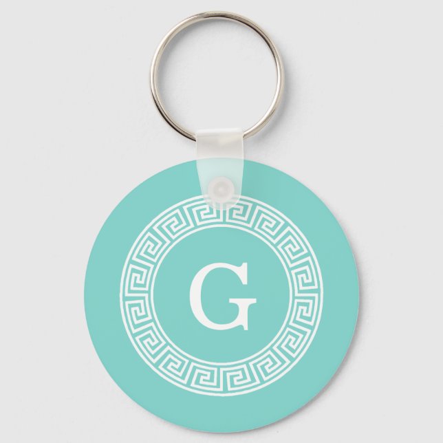 Robin Egg Wht Greek Key Rnd Frame Initial Monogram Keychain (Front)