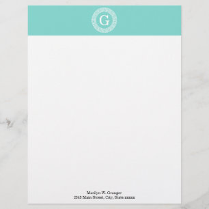 Robin Egg Wht Greek Key Rnd Frame Initial Monogram Letterhead