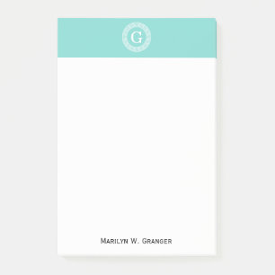 Robin Egg Wht Greek Key Rnd Frame Initial Monogram Post-it Notes