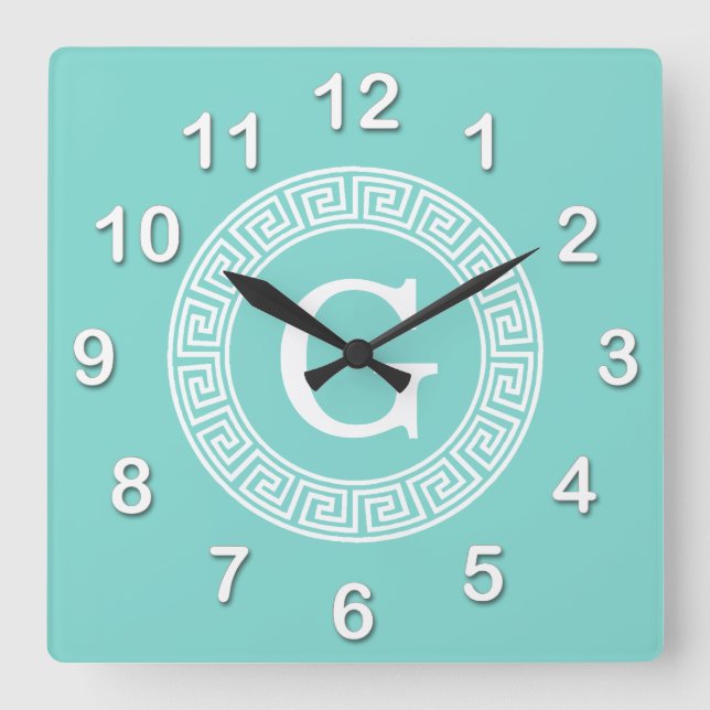 Robin Egg Wht Greek Key Rnd Frame Initial Monogram Square Wall Clock (Front)