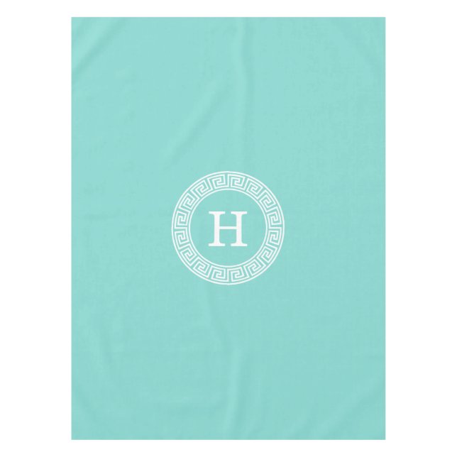 Robin Egg Wht Greek Key Rnd Frame Initial Monogram Tablecloth (Front)