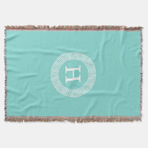 Robin Egg Wht Greek Key Rnd Frame Initial Monogram Throw Blanket