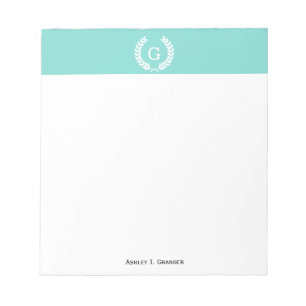 Robin Egg Wht Wheat Laurel Wreath Initial Monogram Notepad