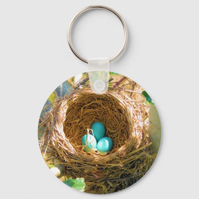 Robin Eggs in a Backyard Tree Nest Keychain (Front)