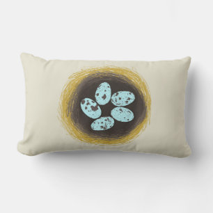 Robin Eggs in Nest Throw Pillow: Cream Lumbar Pillow