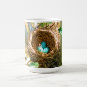 Robin eggs unhatched in a backyard tree nest coffee mug