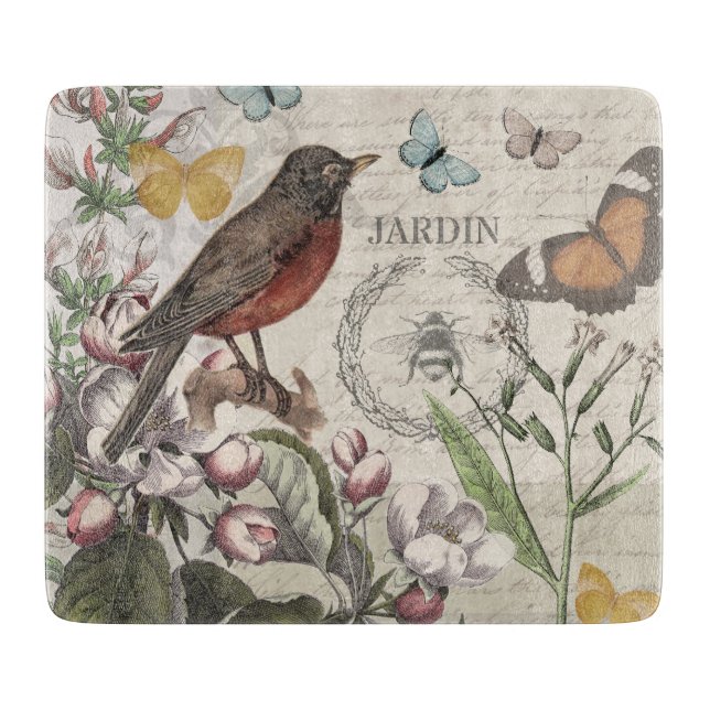 Robin Elegant Bird Butterfly French Art Cutting Board (Front)