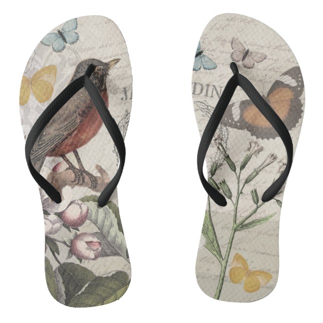 Robin Elegant Bird Butterfly French Art Flip Flops (Footbed)