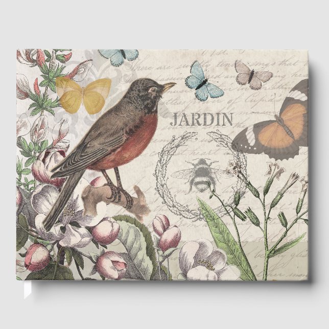 Robin Elegant Bird Butterfly French Art Guest Book (Front)