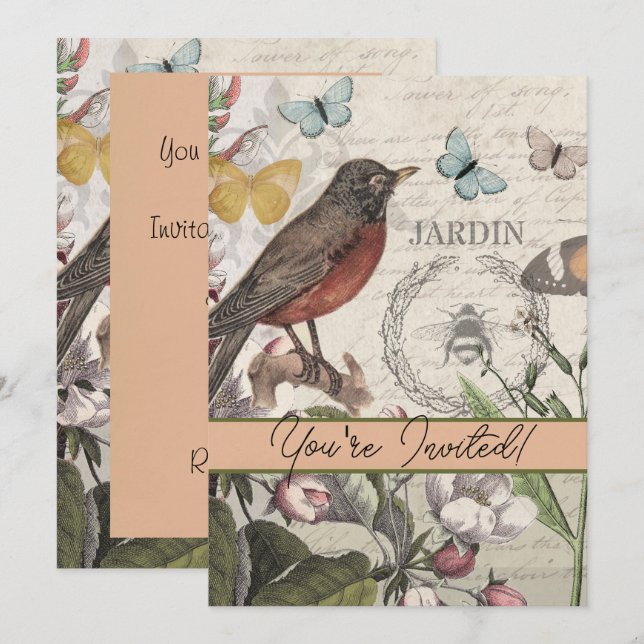 Robin Elegant Bird Butterfly French Art Invitation (Front/Back)