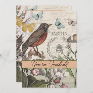 Robin Elegant Bird Butterfly French Art Invitation