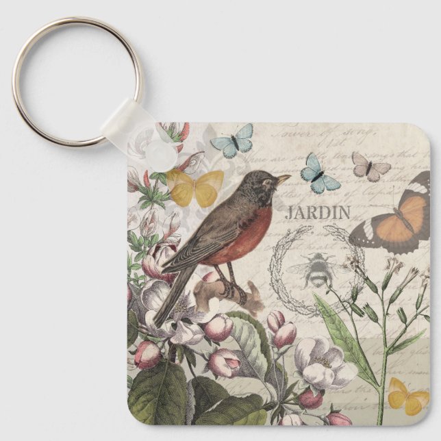 Robin Elegant Bird Butterfly French Art Keychain (Front)