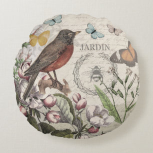 Robin Elegant Bird Butterfly French Art Round Pillow