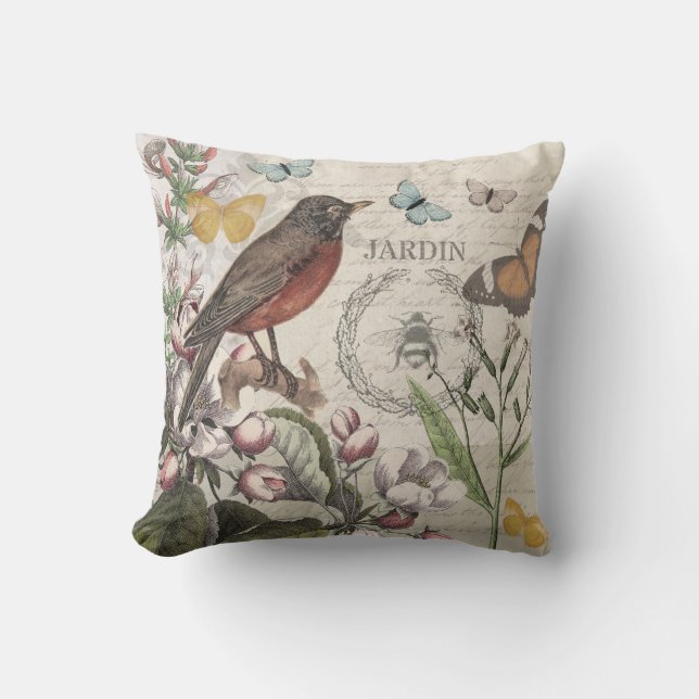 Robin Elegant Bird Butterfly French Art Throw Pillow (Front)