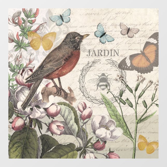 Robin Elegant Bird Butterfly French Art Window Cling (Sheet)
