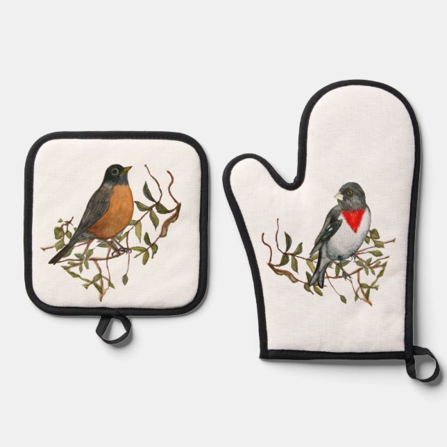 Robin Grosbeak Oven Mitt and Pot Holder Set (Front)