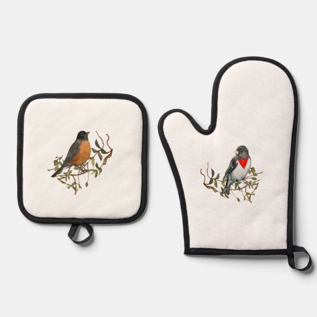 Robin Grosbeak Oven Mitt and Pot Holder Set (Front)