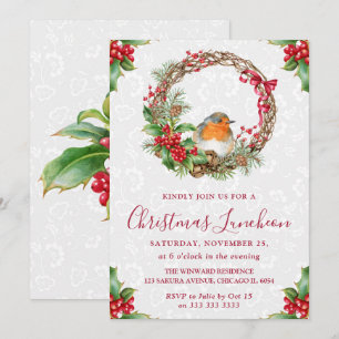 Robin & Holly Berry Wreath Christmas Luncheon Invitation