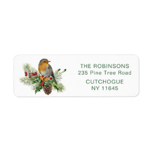 Robin, holly, pine Christmas return address label