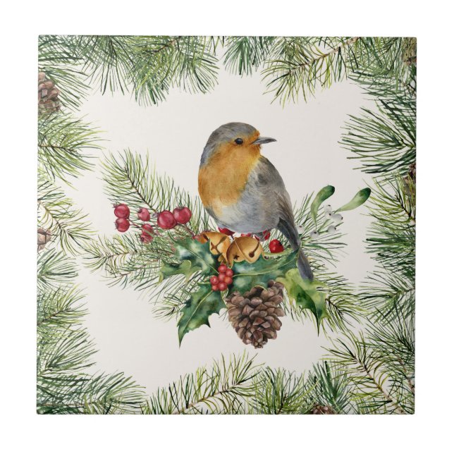 Robin, holly, pine Christmas Tile (Front)