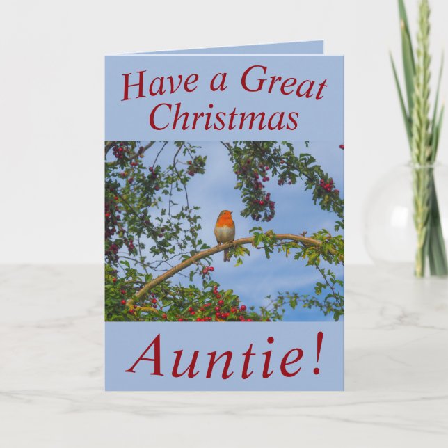 Robin in a Hawthorn Tree Christmas Card for Auntie (Front)